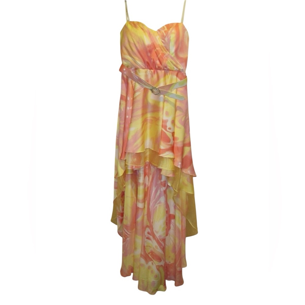 NWT JUMP APPAREL STRAPLESS YELLOW AND ORANGE HIGH LOW GOWN SIZE 3/4